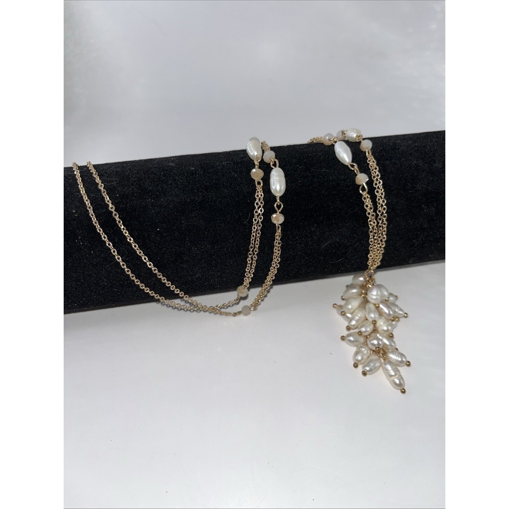 Necklace Gold Tone Station Pearls Crystals Dainty Pearl Cluster Pendant Fairy